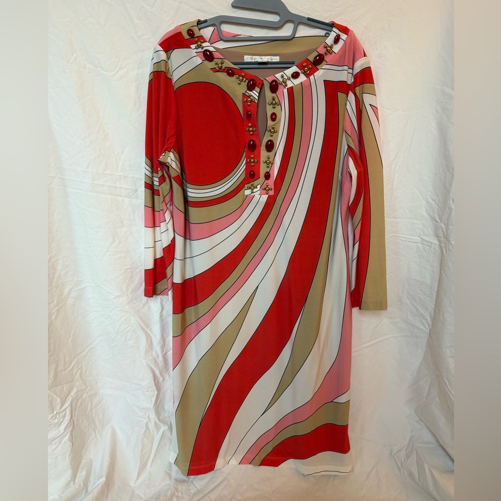 Boston Proper 3/4 Sleeve Dress Groovy Beaded Jersey Coral Tan Womens Size 16